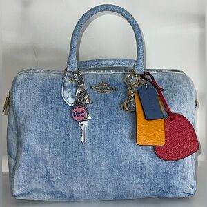 Coach Rowan Large Satchel Bag In Loved Denim With Charms